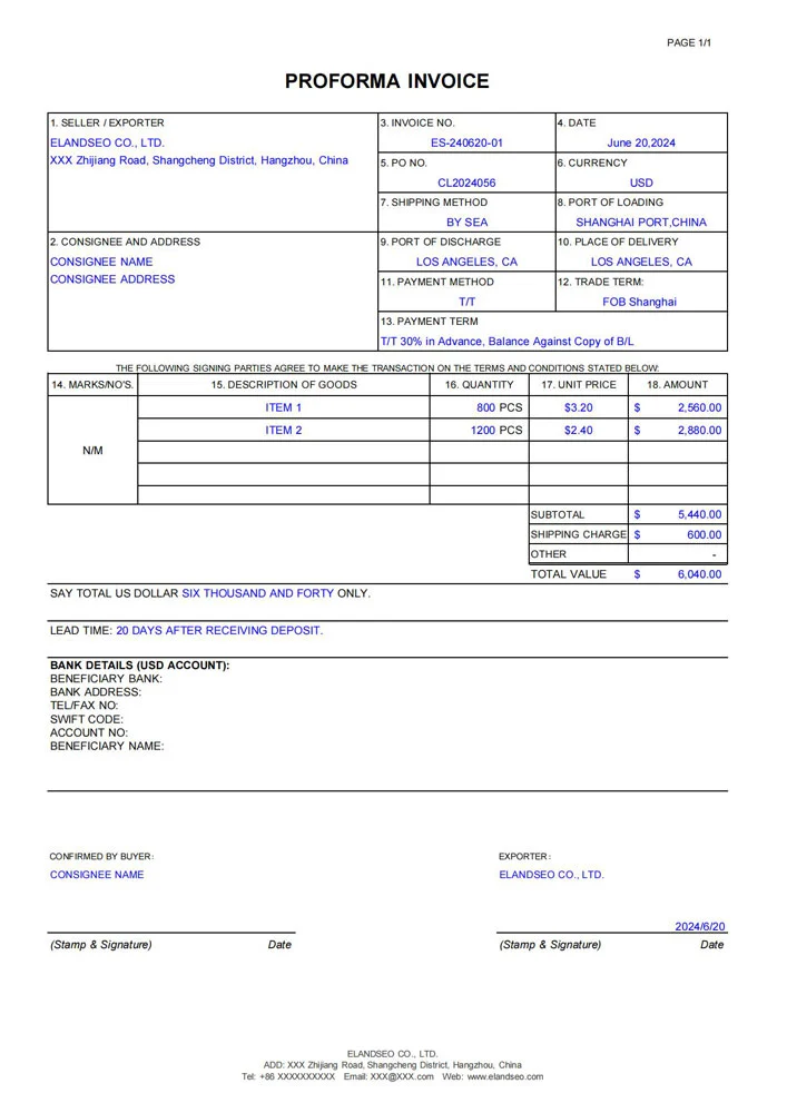 【ElandSEO形式发票模板】PROFORMA-INVOICE