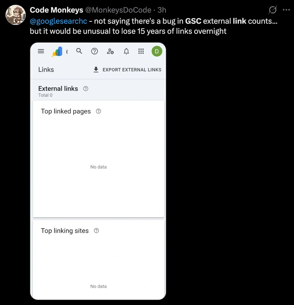 Google Search Console 链接报告外链数量暴跌乃至归零